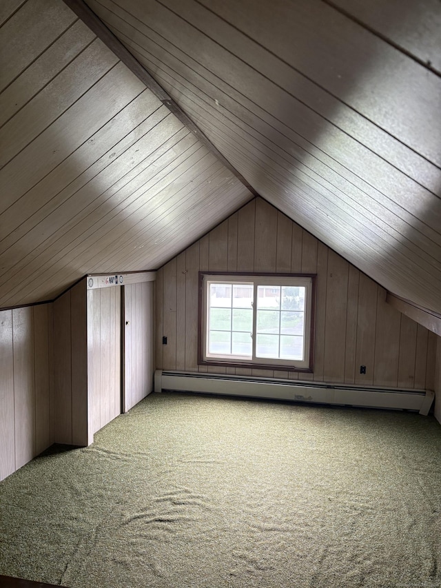 156 Russell Ave, Orange, CT 06477 - bonus room with a baseboard heating unit, vaulted ceiling, carpet, wood ceiling, and wood walls