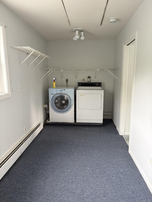 156 Russell Ave, Orange, CT 06477 - laundry room featuring separate washer and dryer, a baseboard radiator, and dark colored carpet
