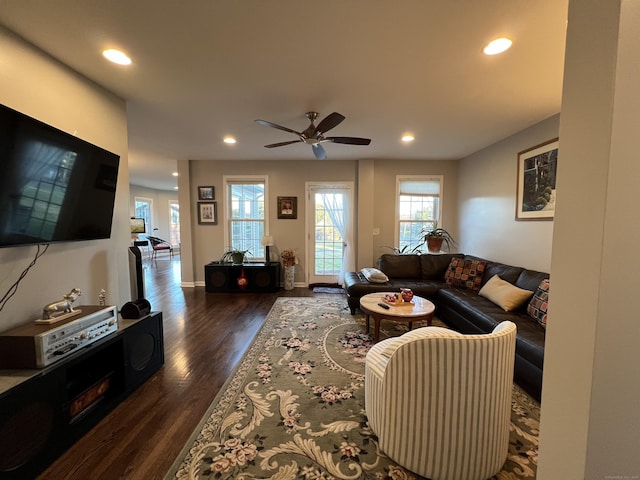 2636 Albany Ave, West Hartford, CT 06117 - living room featuring healthy amount of natural light, dark wood-type flooring, recessed lighting, and ceiling fan
