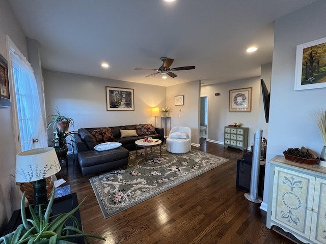 2636 Albany Ave, West Hartford, CT 06117 - living area with a ceiling fan, dark wood-style floors, recessed lighting, and baseboards