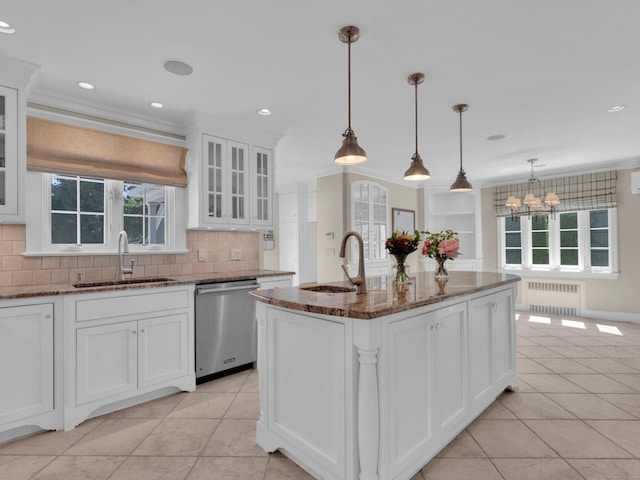 226 Alberta St, Fairfield, CT 06825 - kitchen with a sink, stainless steel dishwasher, radiator heating unit, backsplash, and recessed lighting