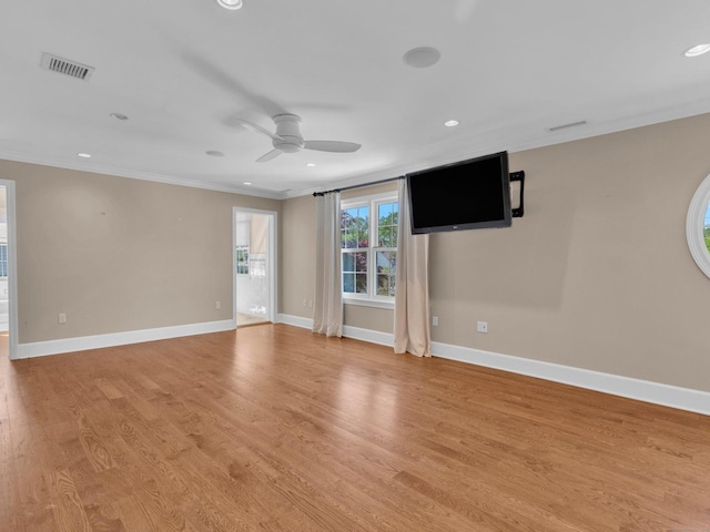 226 Alberta St, Fairfield, CT 06825 - spare room with crown molding, a ceiling fan, recessed lighting, light wood-style floors, and baseboards