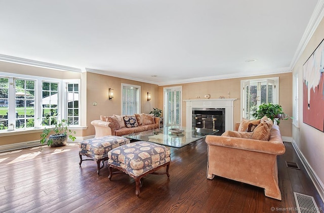 37 Hunting Hill Rd, Woodbridge, CT 06525 - living room featuring dark wood-style floors, baseboards, and ornamental molding