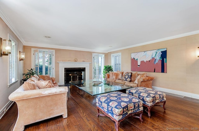 37 Hunting Hill Rd, Woodbridge, CT 06525 - living area featuring wood finished floors, baseboards, crown molding, and a fireplace