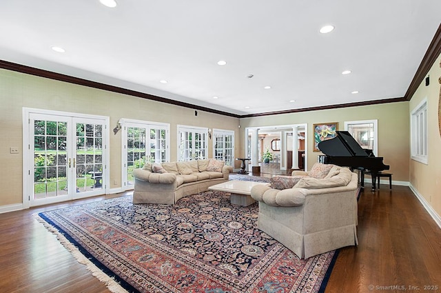 37 Hunting Hill Rd, Woodbridge, CT 06525 - living room with french doors, baseboards, dark wood-style floors, crown molding, and recessed lighting