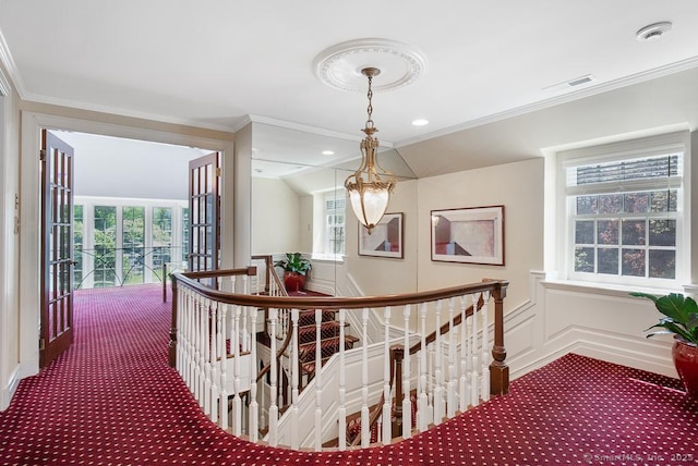 37 Hunting Hill Rd, Woodbridge, CT 06525 - hallway with an upstairs landing, carpet flooring, crown molding, plenty of natural light, and recessed lighting