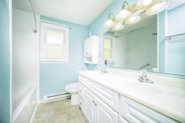 full bathroom with baseboard heating, toilet, double vanity, and baseboards