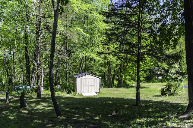 view of grassy yard with a storage unit, an outbuilding, and a forest view