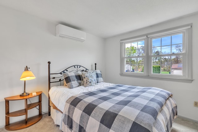 carpeted bedroom featuring a wall mounted AC and baseboards