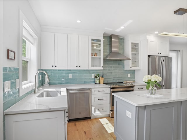kitchen with wall chimney range hood, stainless steel appliances, a sink, white cabinets, and backsplash