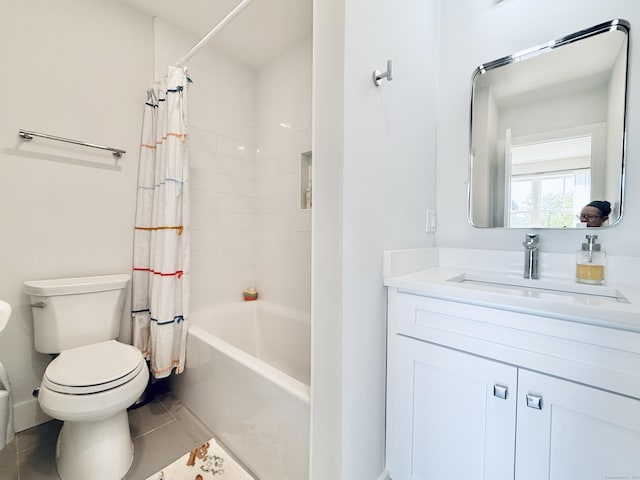 full bath with toilet, shower / bath combo, vanity, and tile patterned flooring