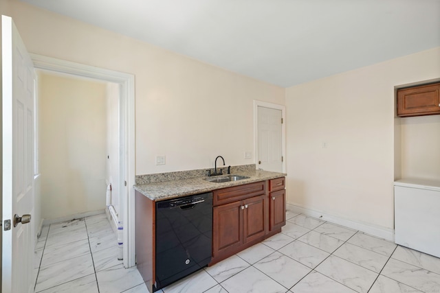 kitchen with black dishwasher, light marble finish flooring, a sink, and light stone counters