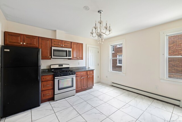 kitchen with stainless steel appliances, a baseboard heating unit, dark countertops, a chandelier, and light marble finish flooring