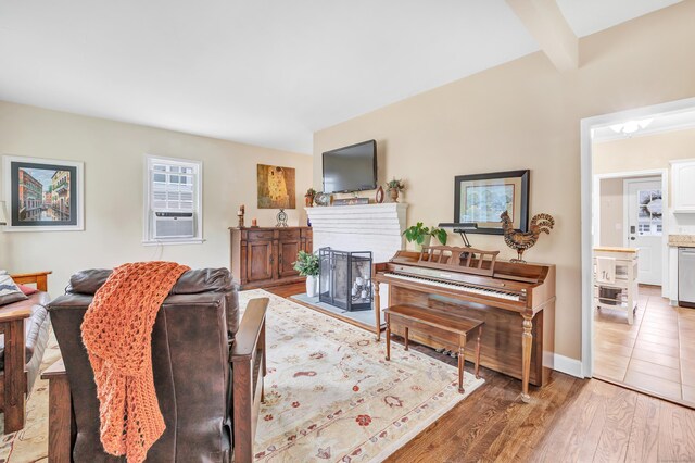 8 Thomas St, Trumbull, CT 06611 - living area with a fireplace, light wood finished floors, and cooling unit