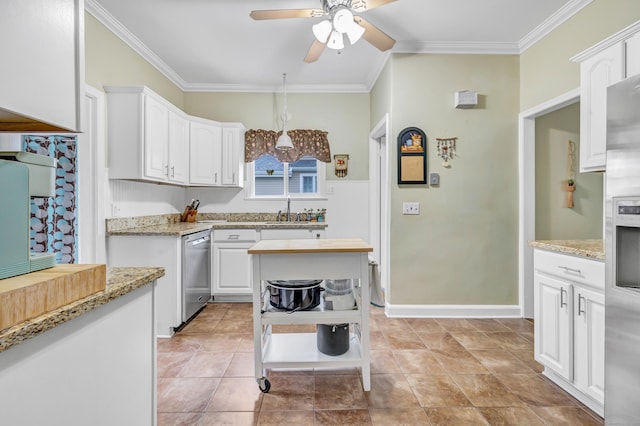 8 Thomas St, Trumbull, CT 06611 - kitchen with stainless steel appliances, ornamental molding, ceiling fan, white cabinets, and light stone counters
