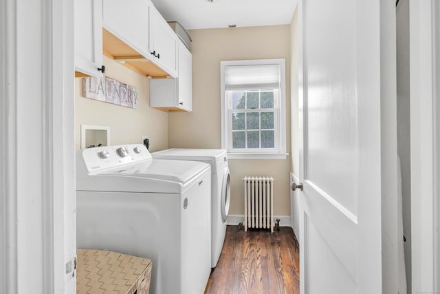 8 Thomas St, Trumbull, CT 06611 - laundry room featuring radiator heating unit, washer and clothes dryer, cabinet space, dark wood-style flooring, and baseboards