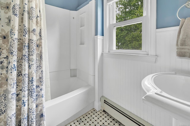 8 Thomas St, Trumbull, CT 06611 - full bathroom featuring a baseboard heating unit, wainscoting, and shower / tub combo with curtain