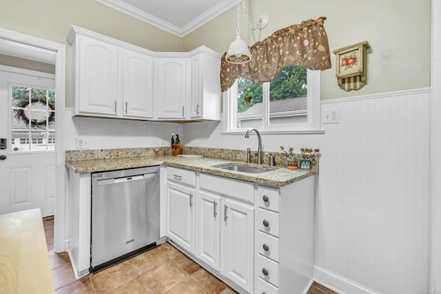 8 Thomas St, Trumbull, CT 06611 - kitchen featuring dishwasher, a sink, white cabinets, crown molding, and light stone counters