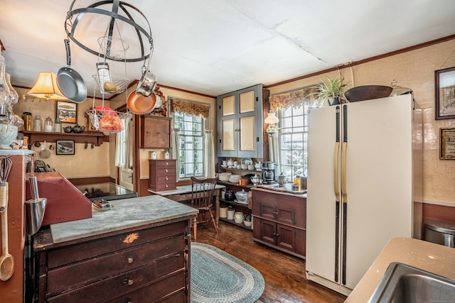 1066 Washington St, Middletown, CT 06457 - kitchen featuring freestanding refrigerator, plenty of natural light, crown molding, dark wood finished floors, and a sink