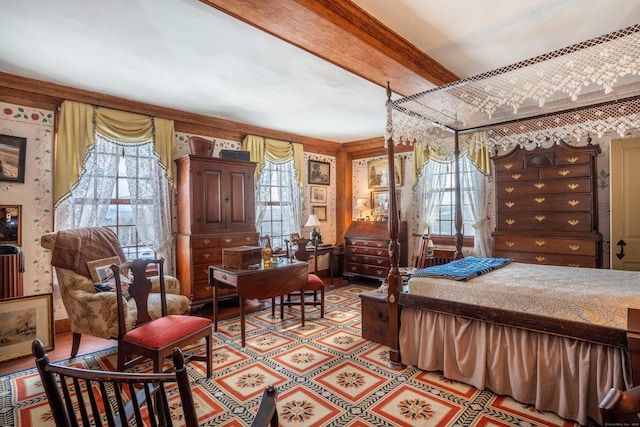 1066 Washington St, Middletown, CT 06457 - bedroom with multiple windows, wallpapered walls, ornamental molding, and a chandelier