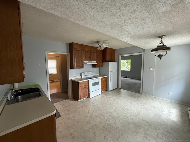 248 Lawlor St Apt 1, New Britain, CT 06051 - kitchen featuring white appliances, a sink, under cabinet range hood, light flooring, and ceiling fan