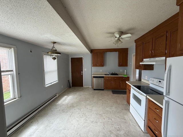 248 Lawlor St Apt 1, New Britain, CT 06051 - kitchen featuring white appliances, under cabinet range hood, a baseboard radiator, a sink, and a textured ceiling