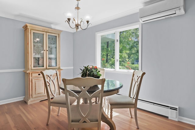 70 Bayne St, Norwalk, CT 06851 - dining room with an AC wall unit, a chandelier, light wood-type flooring, a baseboard heating unit, and crown molding
