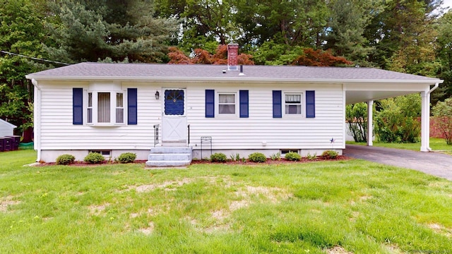 14 Winding Ln, Enfield, CT 06082 - view of front of house with a carport, asphalt driveway, a front lawn, and entry steps