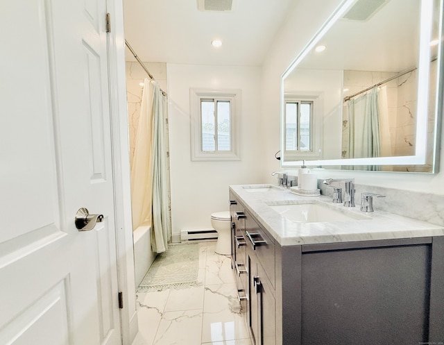 22 Palmer Ave, Stamford, CT 06902 - full bathroom featuring marble finish floors, toilet, double vanity, a baseboard heating unit, and recessed lighting