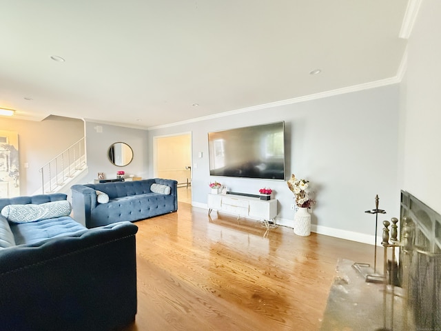 22 Palmer Ave, Stamford, CT 06902 - living area featuring stairway, ornamental molding, wood finished floors, and baseboards