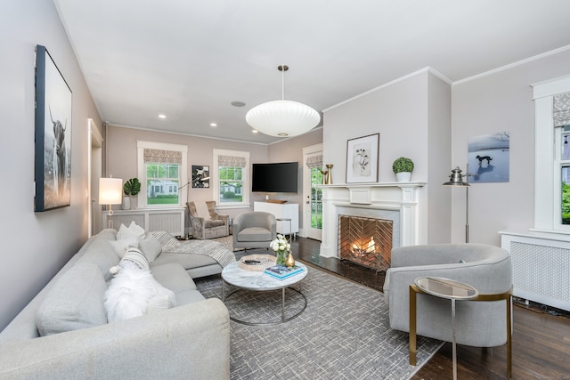 living area with radiator heating unit, wood finished floors, a high end fireplace, ornamental molding, and recessed lighting