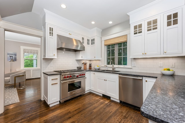 kitchen with stainless steel appliances, under cabinet range hood, a sink, dark wood-style flooring, and white cabinets