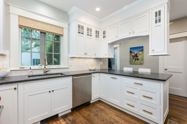 kitchen featuring a sink, stainless steel dishwasher, white cabinets, dark wood-style floors, and glass insert cabinets