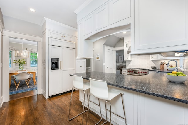 kitchen featuring high end appliances, a sink, dark wood-style floors, white cabinetry, and backsplash