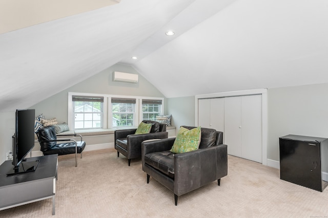 sitting room featuring an AC wall unit, light carpet, lofted ceiling, recessed lighting, and baseboards