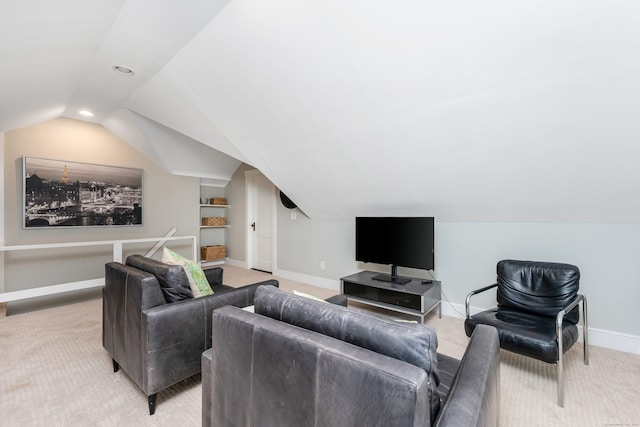 living room with carpet, vaulted ceiling, baseboards, and recessed lighting