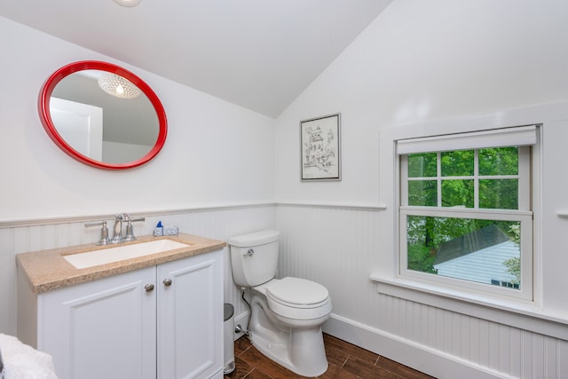 half bath with toilet, wood finished floors, vanity, wainscoting, and lofted ceiling