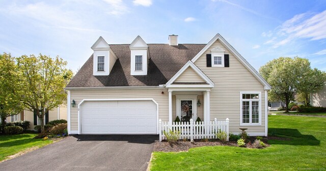 view of front of home featuring a chimney, a garage, asphalt driveway, and roof with shingles