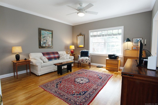living room featuring ornamental molding, ceiling fan, light wood finished floors, and baseboards