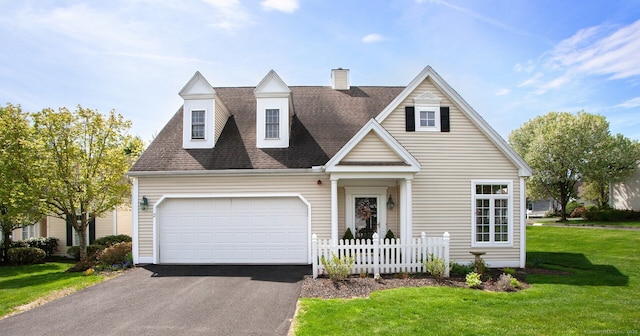 view of front of home featuring a chimney, an attached garage, driveway, and a shingled roof