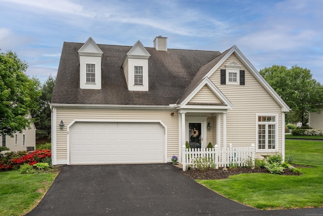 2 Plum Tree Cir, Farmington, CT 06032 - new england style home featuring asphalt driveway, a shingled roof, a chimney, and a garage