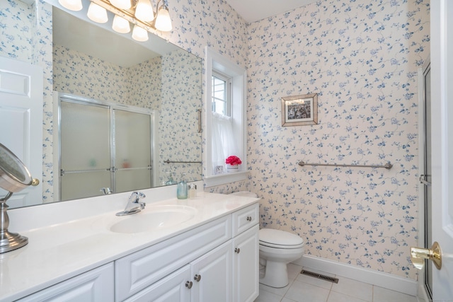 2 Plum Tree Cir, Farmington, CT 06032 - full bathroom with wallpapered walls, tile patterned flooring, a shower stall, toilet, and vanity