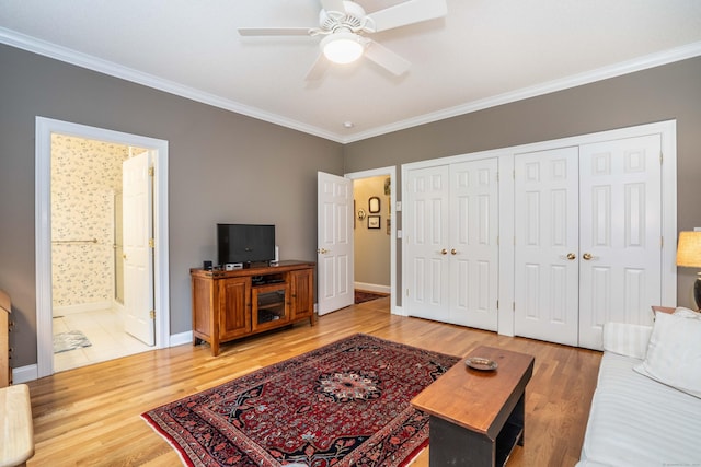 2 Plum Tree Cir, Farmington, CT 06032 - living area featuring ornamental molding, a ceiling fan, wood finished floors, and baseboards