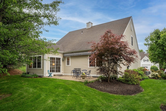 2 Plum Tree Cir, Farmington, CT 06032 - rear view of property featuring a patio, a lawn, a chimney, and roof with shingles