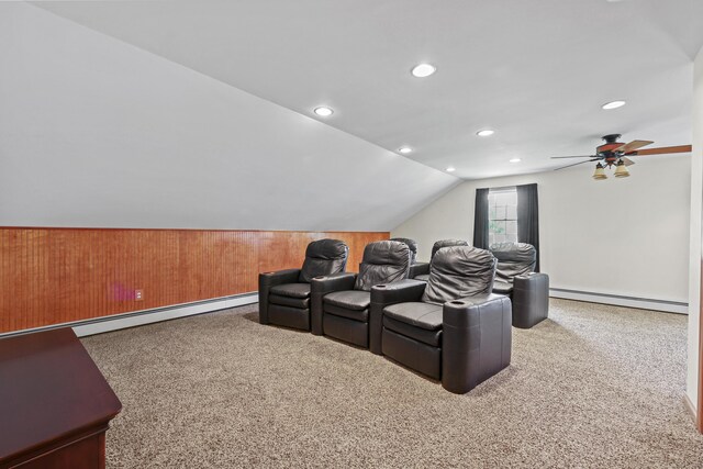 5 Nutmeg Ln, East Hampton, CT 06424 - cinema room featuring baseboard heating, vaulted ceiling, recessed lighting, ceiling fan, and carpet