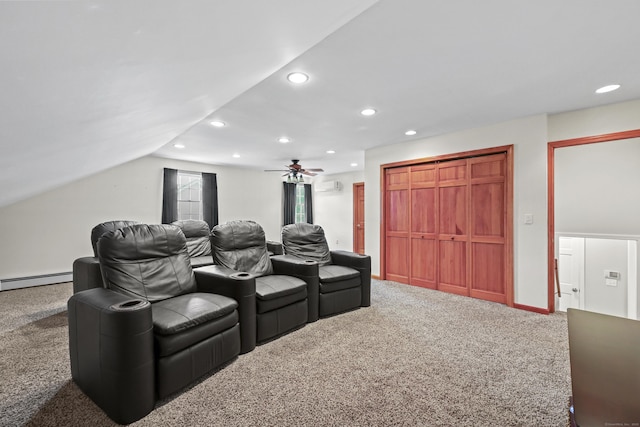 5 Nutmeg Ln, East Hampton, CT 06424 - carpeted cinema room featuring recessed lighting, ceiling fan, a wall mounted AC, baseboard heating, and vaulted ceiling