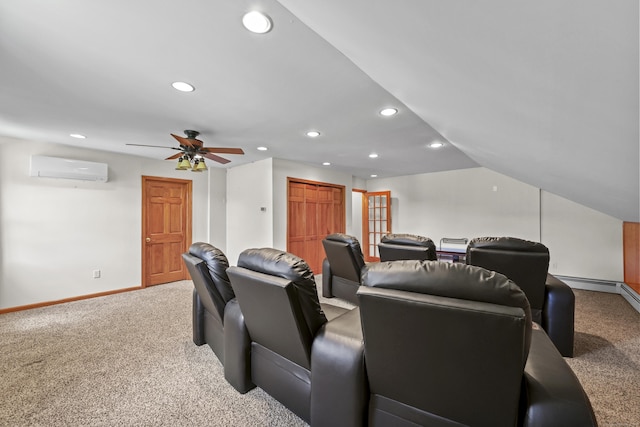 5 Nutmeg Ln, East Hampton, CT 06424 - home theater featuring carpet floors, recessed lighting, a wall mounted AC, baseboards, and vaulted ceiling