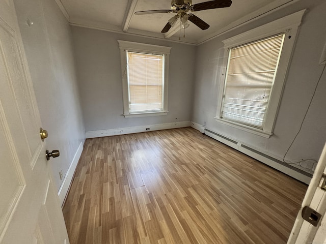 485 Laurel Ave, Bridgeport, CT 06605 - unfurnished room featuring ornamental molding, light wood-style floors, baseboard heating, baseboards, and a ceiling fan