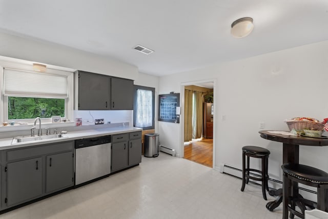 kitchen featuring dishwasher, a sink, a baseboard heating unit, and healthy amount of natural light
