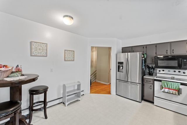 kitchen with black microwave, stainless steel refrigerator with ice dispenser, white electric stove, light flooring, and gray cabinetry